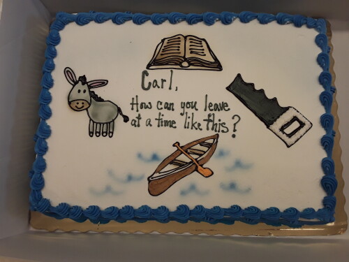The cake design is all about Carl's ministry both in his local assembly and Camp Horizon.